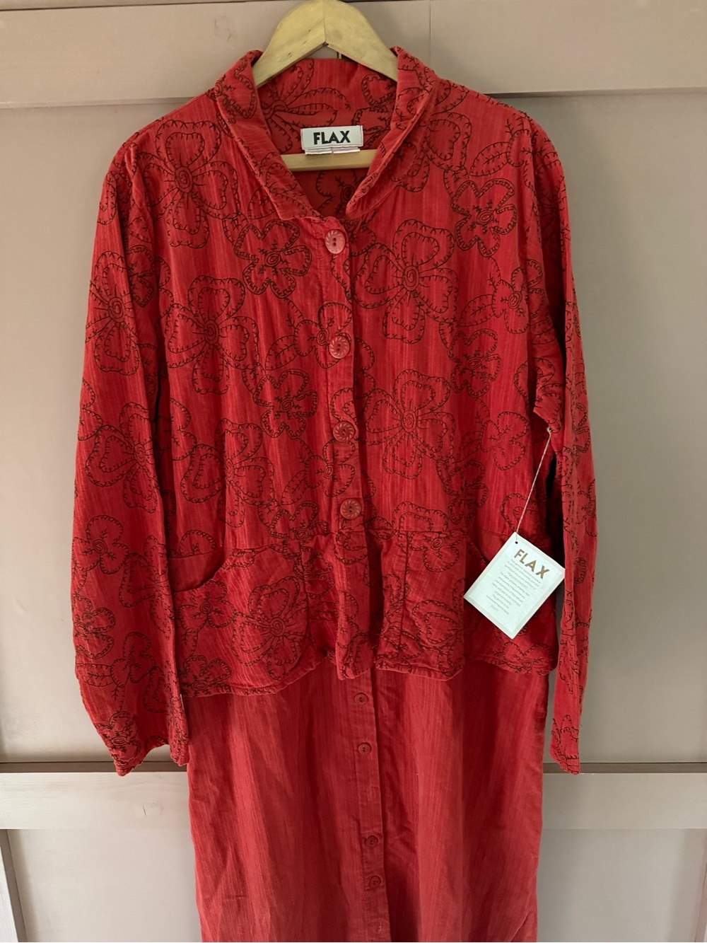 NWT FLAX Shirt Dress MEDIUM Red Corduroy Floral Embroidery 100% Cotton Lagenlook